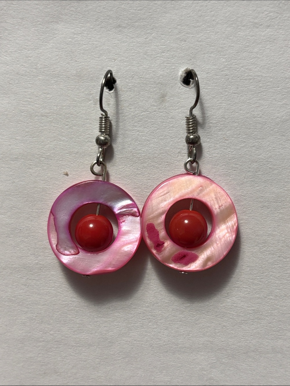 Pink Shell Disc Earrings with Red Bead Accent